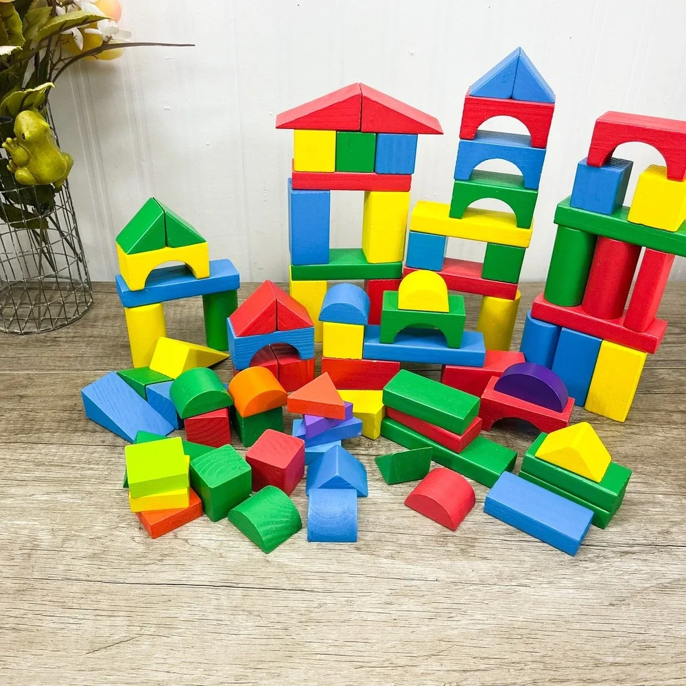 Wooden Building Blocks Farm Set Barn Animals Horse Sheep Goat 80+ Pieces Kids